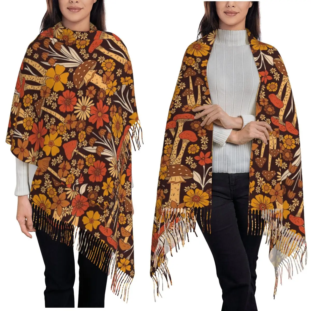 

Ретро 1970-х годов, шарф с кисточками и цветами, шарфы для женщин, мягкие теплые шали и накидки, длинная осенне-зимняя шаль, накидка