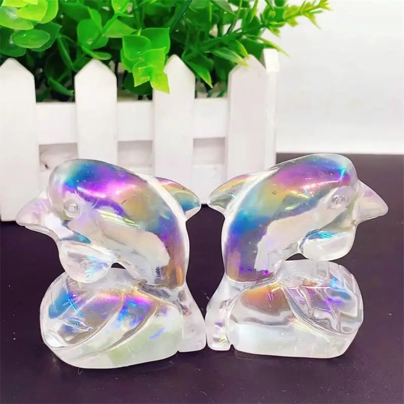 

6CM Natural Aura Quartz Dolphin Carving Carved Statue Animal Fashion Home Ornament Art Collectible Gift 1PCS