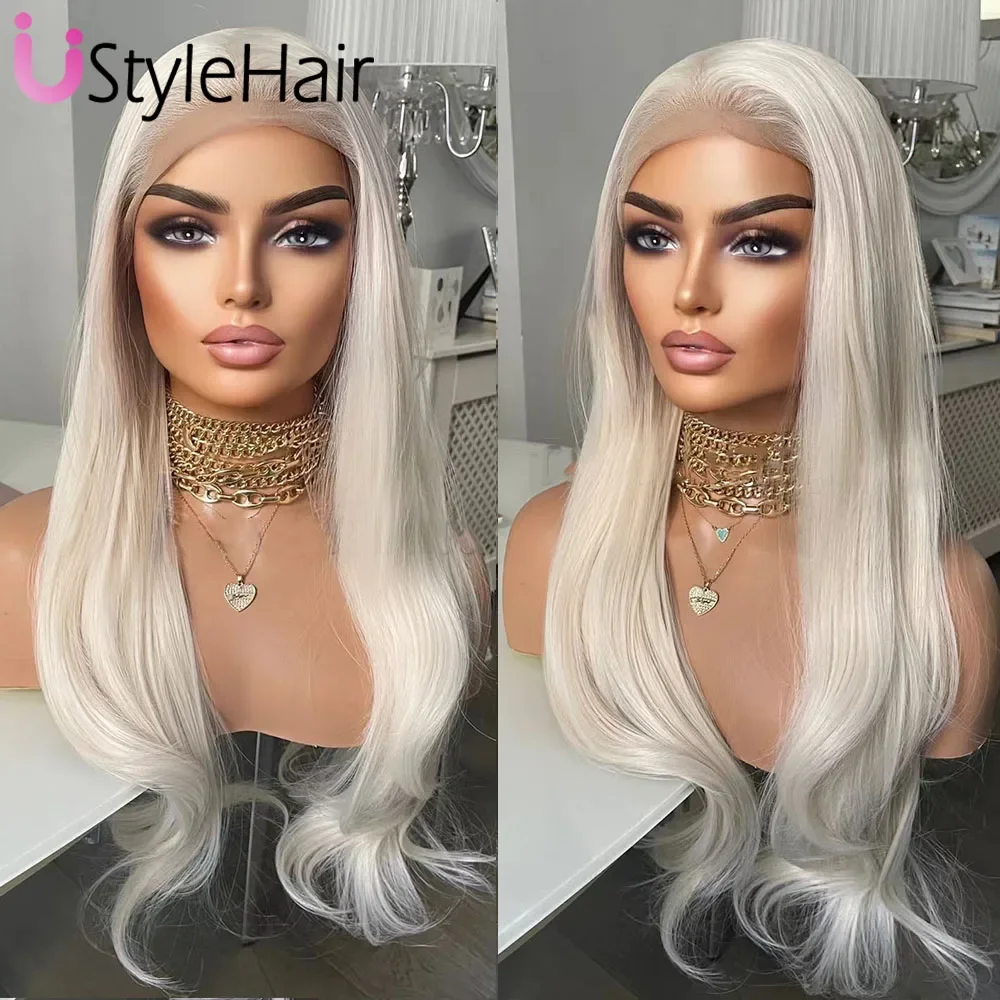 UStyleHair Platinum Blonde Lace Front Wig Natural Wave Synthetic Hair Daily Use  Platinum Wigs Cosplay Party Drag Queen