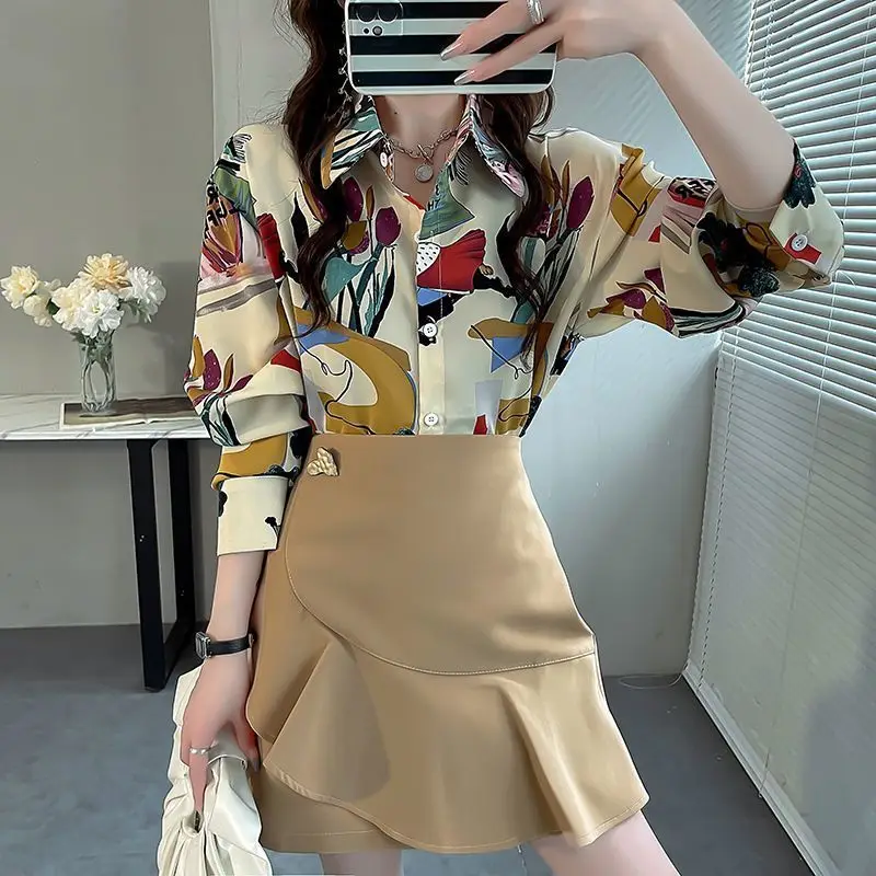 Women\'s Stylish Vintage Printed Turn Down Collar Shirt Office Lady Elegant Commute Blouse Korean Lantern Long Sleeve Loose Tops