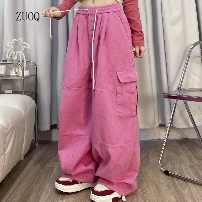 

Cargo Pants Women Solid Color Japanese Loose Thin Straight Wide-leg High Waist Trousers High Street Basics Casual Pants Female