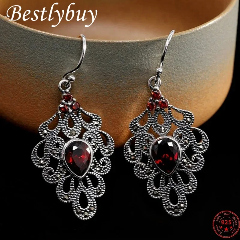 

100% S925 Sterling Silver Earrings for Women New Fashion Hollow Pattern Red Zircon Marcasite Ear-drop Jewelry