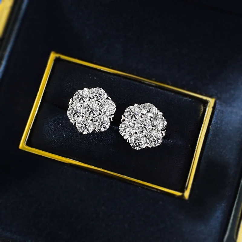 New European and American S925 Sterling Silver Moissanite Diamond Full Set Flower Earrings European and American Hip Hop