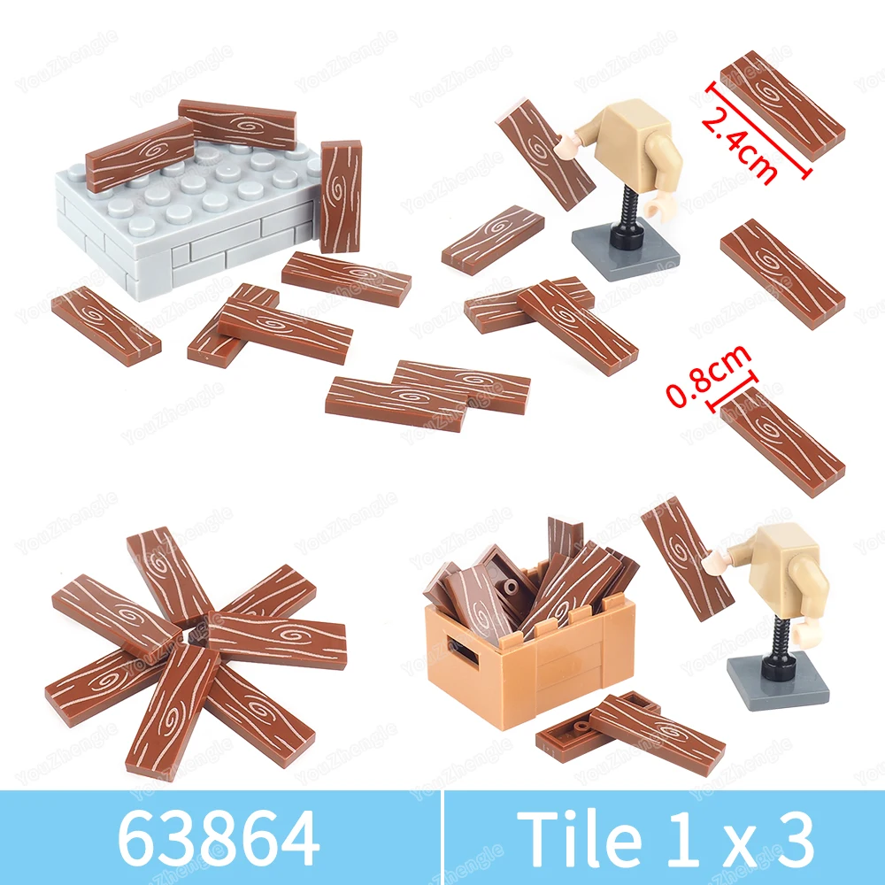 63864pb133 Wood Grain Pattern Printed Building Block Tile 1x3 Assembly MOC figurs Military Equipment Accessories Model Gift Toys