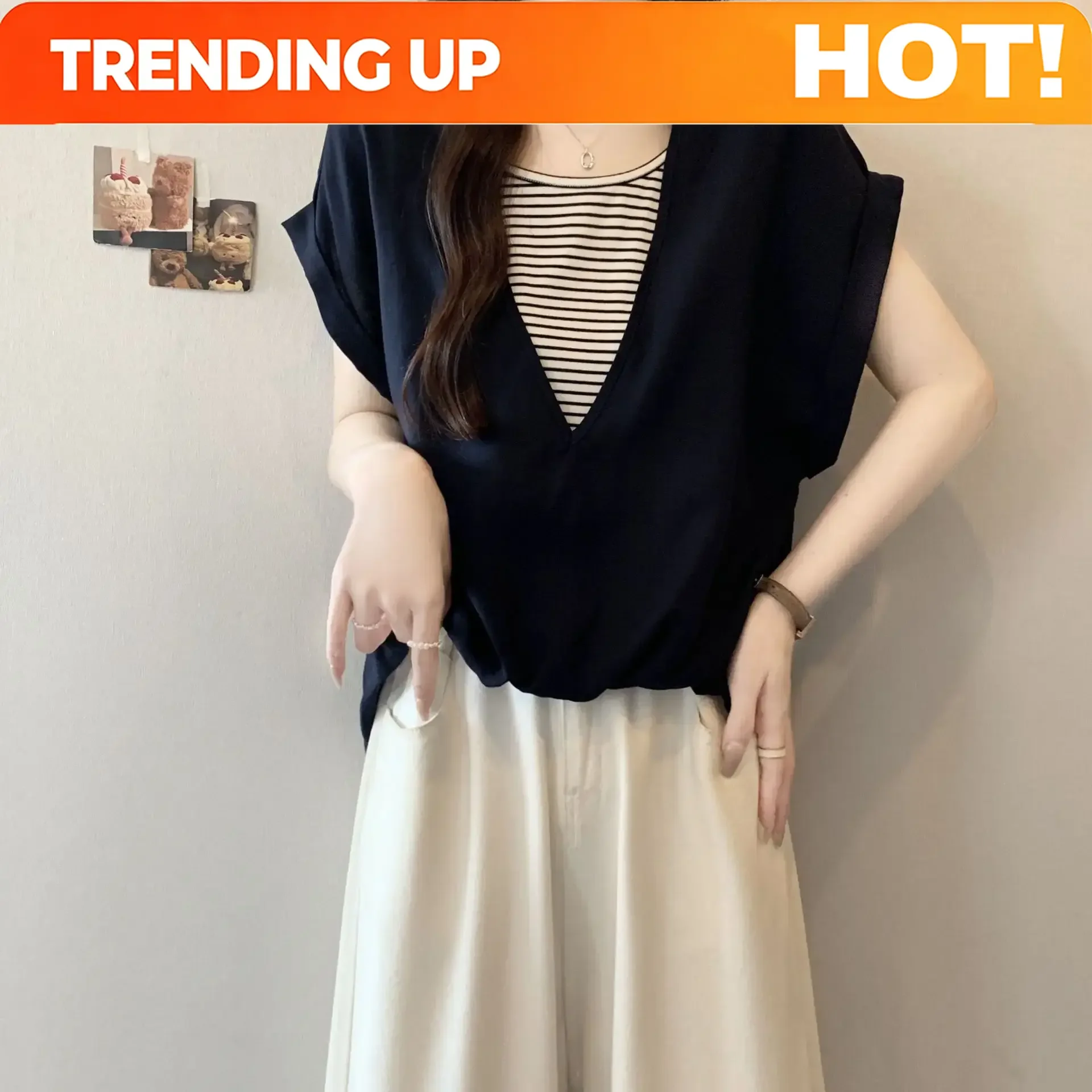 Customization Summer Plus Size Women's Hot-selling Contrast Color Striped Loose Hiding Flesh Slimming Round Neck Short Sleeve