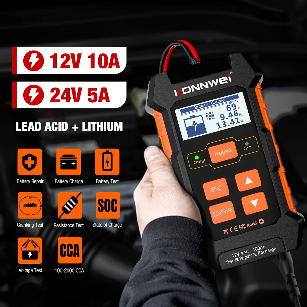 Professional  Car Truck Battery Tester KW520 for 12V/ 24V 10A 5A Automatic Charger Lead Acid Car Battery Pulse Repair Scan Tool