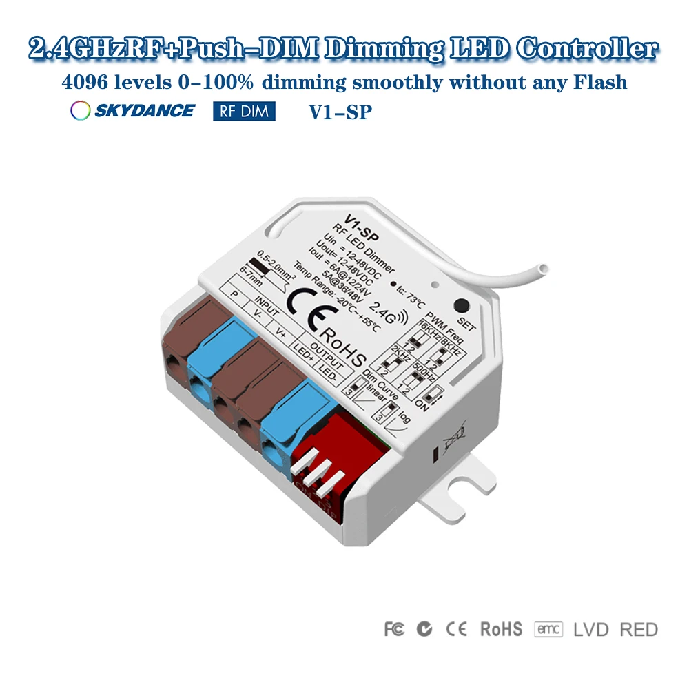 

Skydance V1-SP DC12-48V Мини-контроллер постоянного напряжения 1CH * 6A 2,4 ГГцRF + Push-DIM одноцветный светодиодный контроллер затемнения для светодиодной ленты