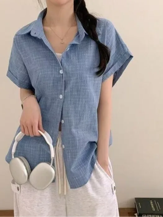 Csa de Manga Corta a Cuadros para Mujer, Verano 2025, Hoada, Versátil, Linda, Única, Hermosa, Estilo Casual, Corte Recto...