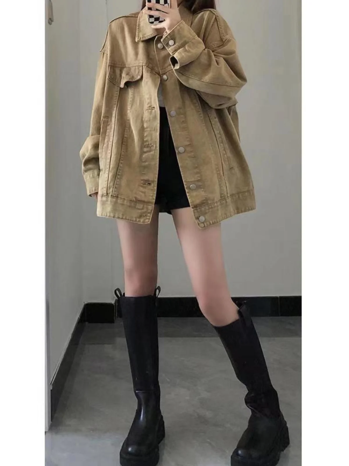 Retro American Denim Jacket Women's Spring Autumn Loose Slimming Trendy Khaki Color Top Commute Style Regular Sleeve Long But...