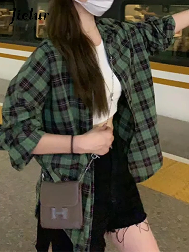 Jielur Spring New Contrast Color Slim Women Shirt Casual Loose Fashion Woman Shirt Green Basic Chicly Long-sleeved Top Female
