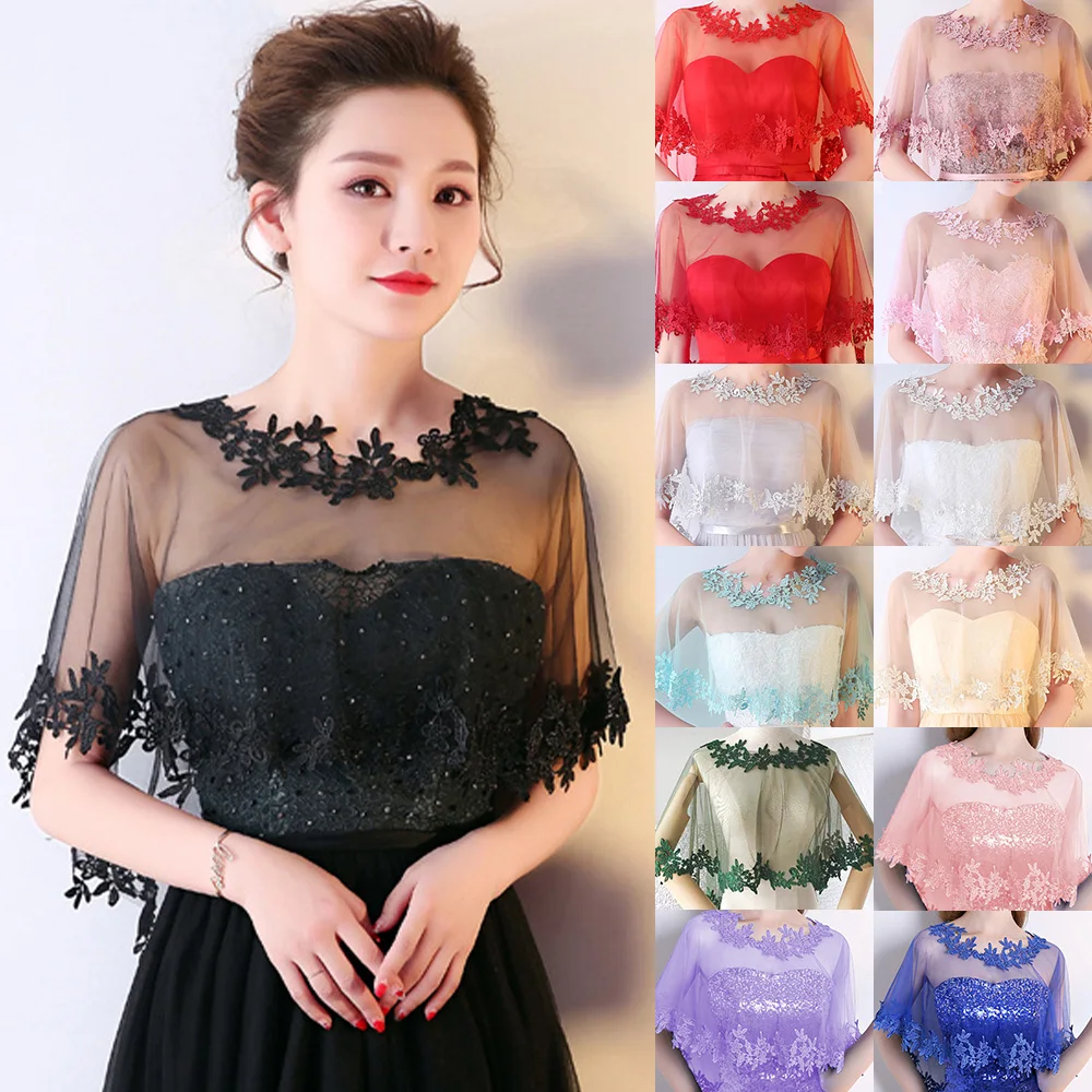 Women Black Applique Tulle Evening Prom Cape O-Neck Solid Soft Elegant Formal Sheer Cape Halloween Wedding Cosplay Shawl Red