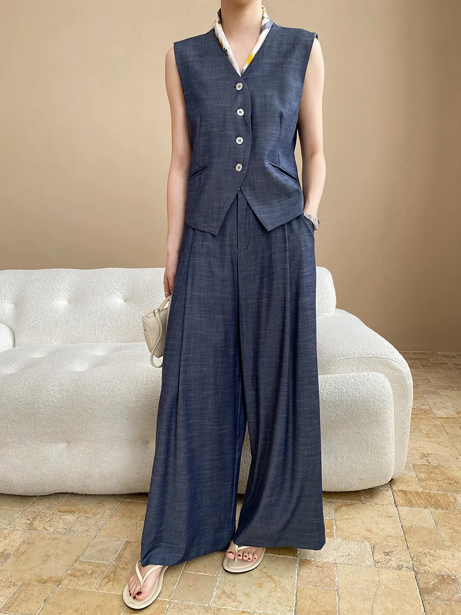 

2025 Spring And Summer Women's Trousers Suit Casual Solid V-neck Sleeveless Vest+high Waist Loose Wide Leg Pants 2 Piece Set