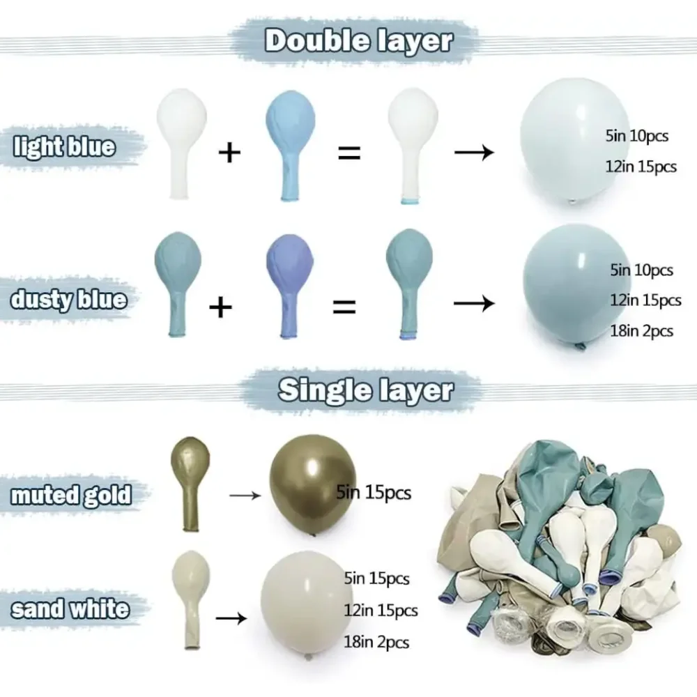 Dusty Blue Pastel Light Blue White Sand Beige Double Layer Balloons Party Decorations Latex Balloons Garland Arch Kit