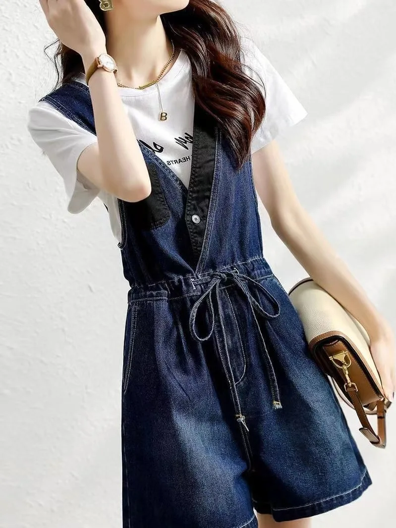 Slimming Denim Overalls Women's Summer Small Size Casual Strap Design Sensation Quaint College Style Wide Leg Cotton Shorts
