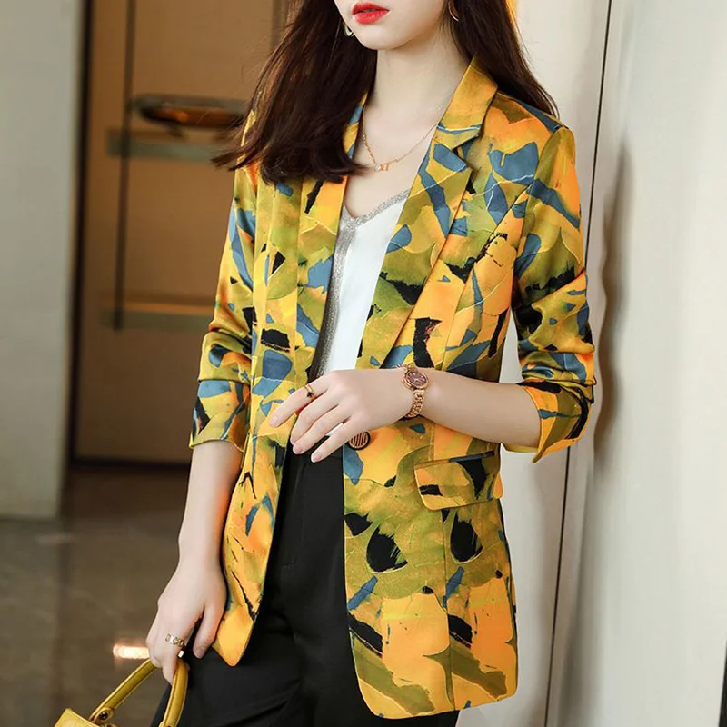 Elegant Lapel Button Spliced Pockets Printed Blazer Women\'s Clothing 2023 Autumn New Casual Tops All-match Office Lady Blazers