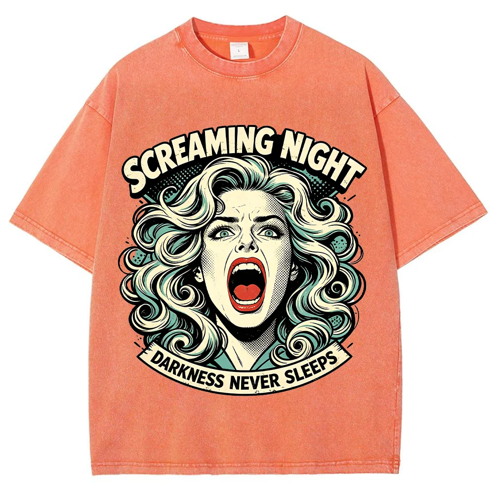 Men Women T Shirt Screaming Night Graphic Comic Woman Print Vintage Washed Cotton Oversized Horror Punk Streetwear Casual Top
