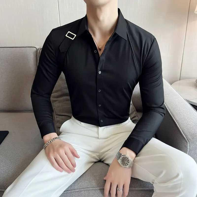 Strap Decorative Design Shirt Mens Clothing 2024 Korean Long Sleeved Slim Fit Casual Shirts Nightclub Prom Show Dress Shirt