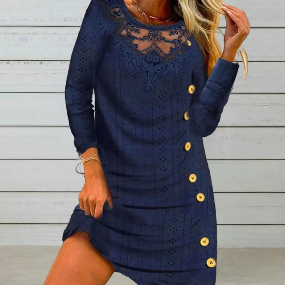 Women Spring Dress Women Solid Color Dress Chic Lace Hollow Out Mini Dress Elegant Floral Applique Button Detail for Women's