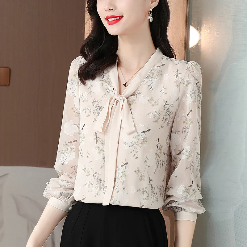 #2527 Flower Printed Chiffon Blouse Women Bow Collar Vintage Blouses Ladies Long Sleeve Office Retro Womens Blouses And Tops