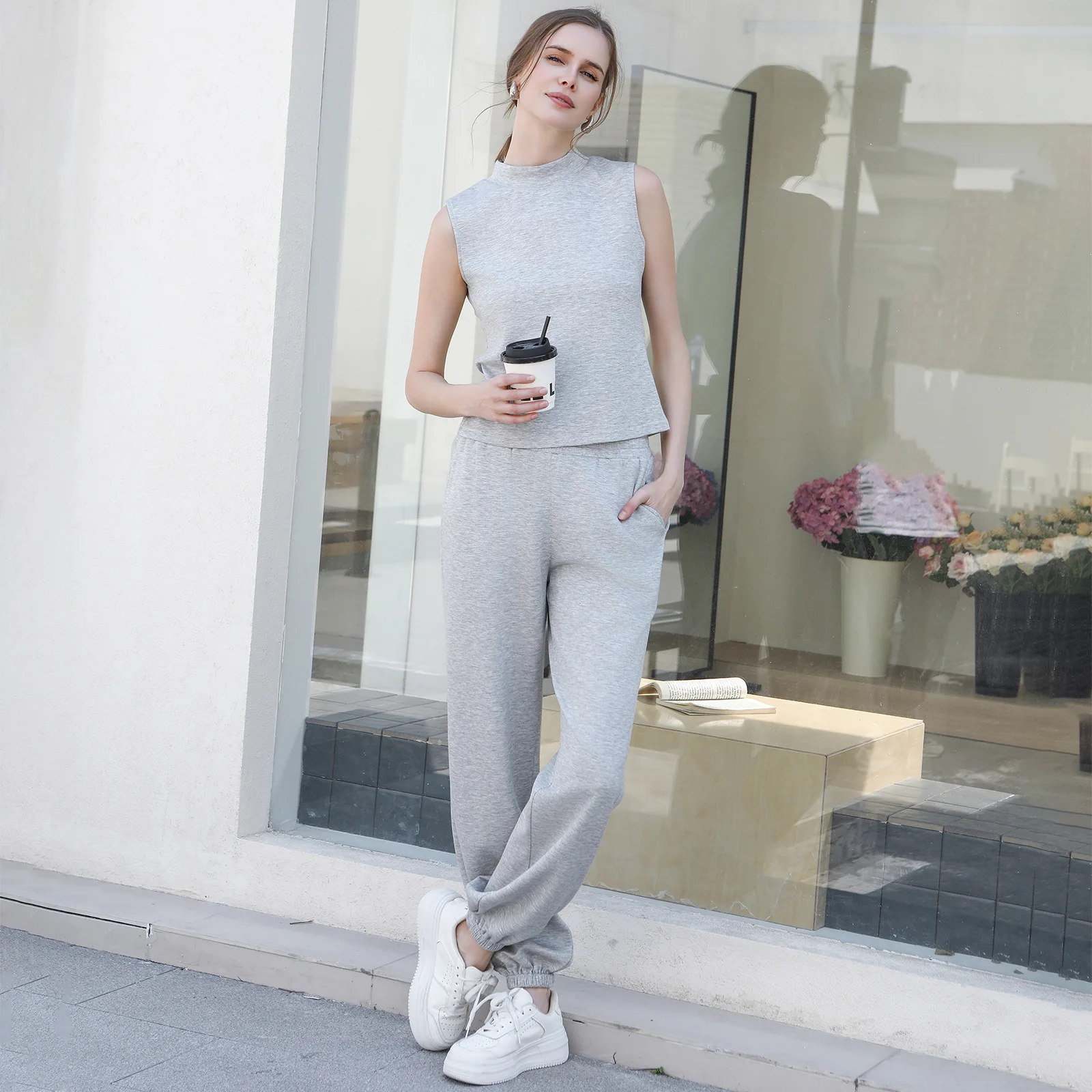 

Casual suit women's fashion foreign style loose leggings sleeveless top solid color sports two-piece set