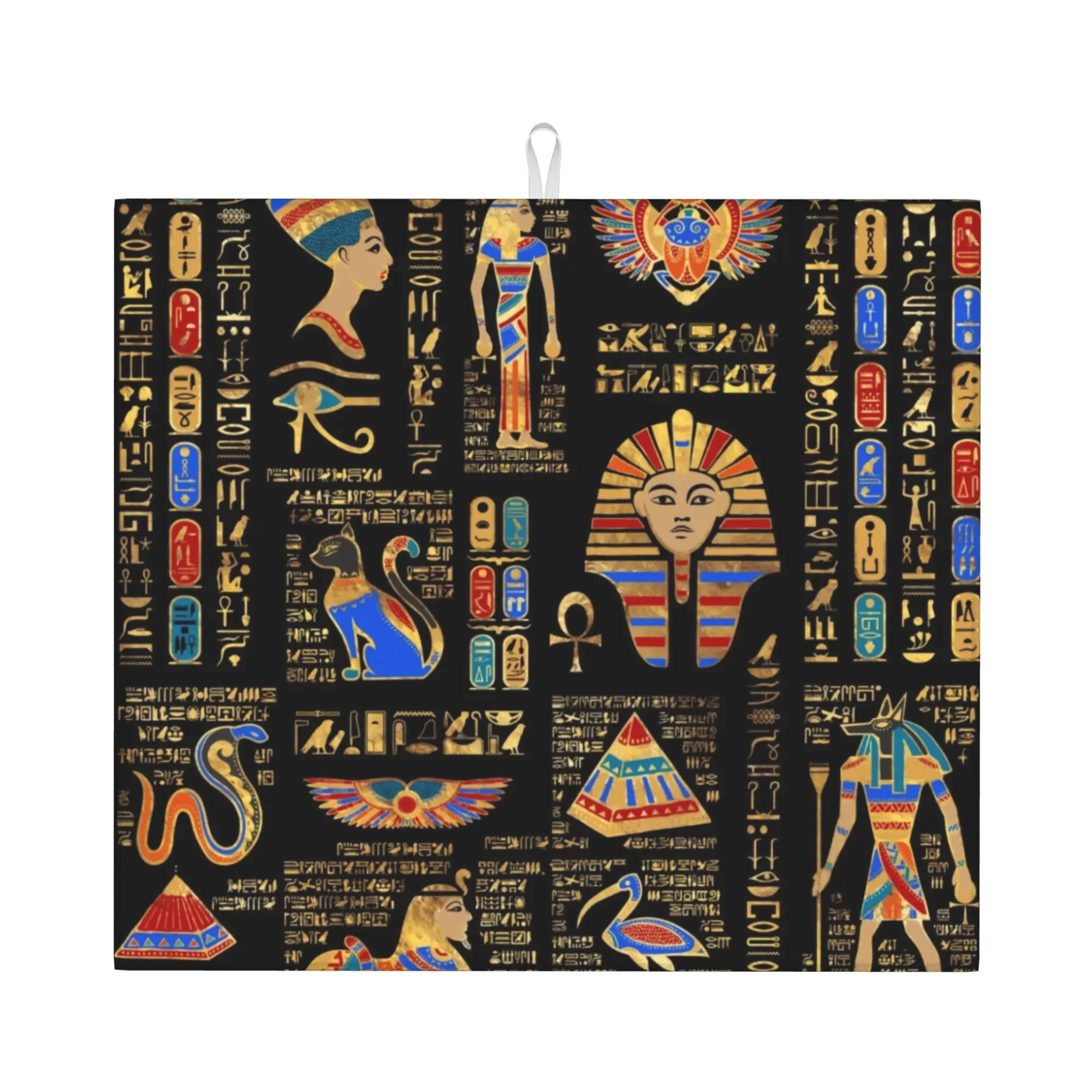 Egyptian Hieroglyphs And Deities On Black Drying Mat For Kitchen Waterproof Non‑Slip Oil Proof Bathroom Countertop Protector Mat