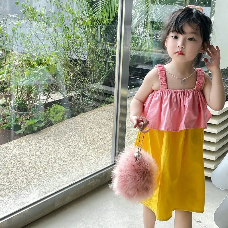 Girls Skirt Color Matching Sweet Dress Suspender Skirt 2025 Summer New Children's Clothing 3-8 Years Old Fashion