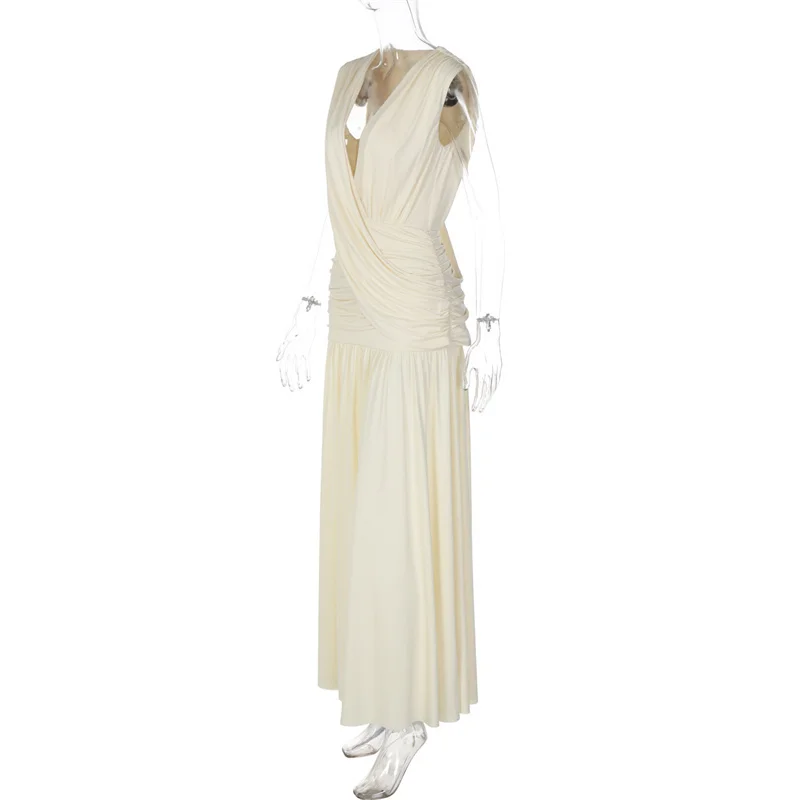 Mozision Elegant Deep V Neck Sexy Maxi Dress Women Fashion Sleeveless Draped Ruched Waist Bodycon Club Party Long Dresses Female