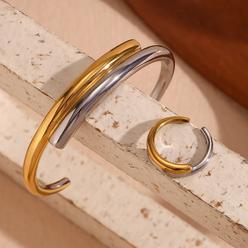 Women's 18K Gold Plated Double Layered Open Bangle Ring