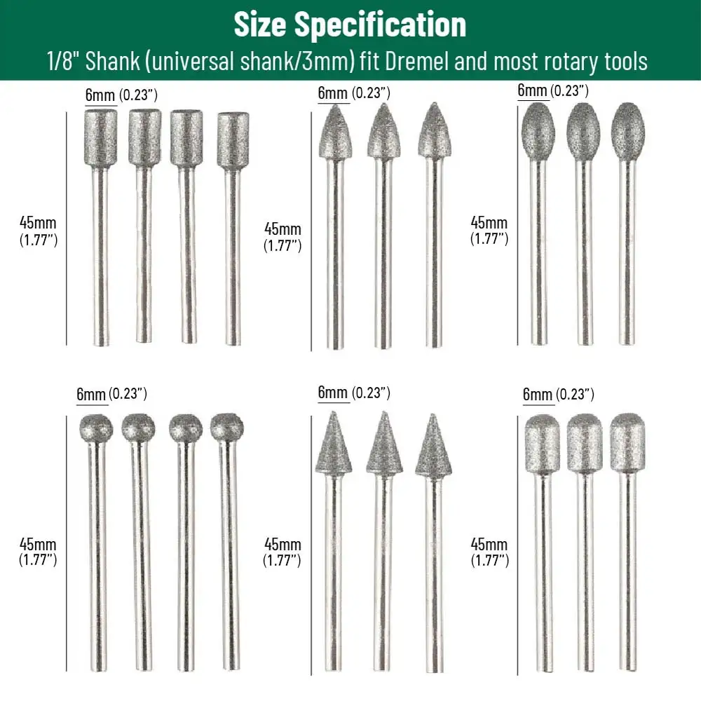 Stone Carving Set Diamond Burr Bits,20PCS Polishing Kits Rotary Tools Accessories with 1/8’ Shank For Carving Grinding Polishing