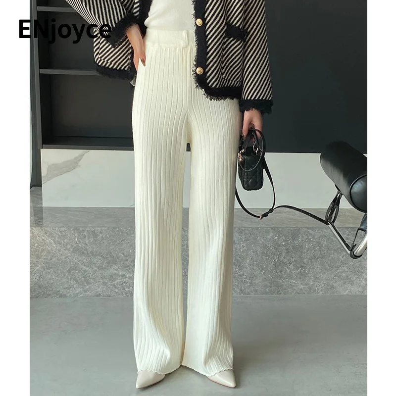 

Women Korean Fashion Knitted Straight Pants Ladies Streetwear Slim Elastic High Waist Trousers Causal Outfit Autumn Winter