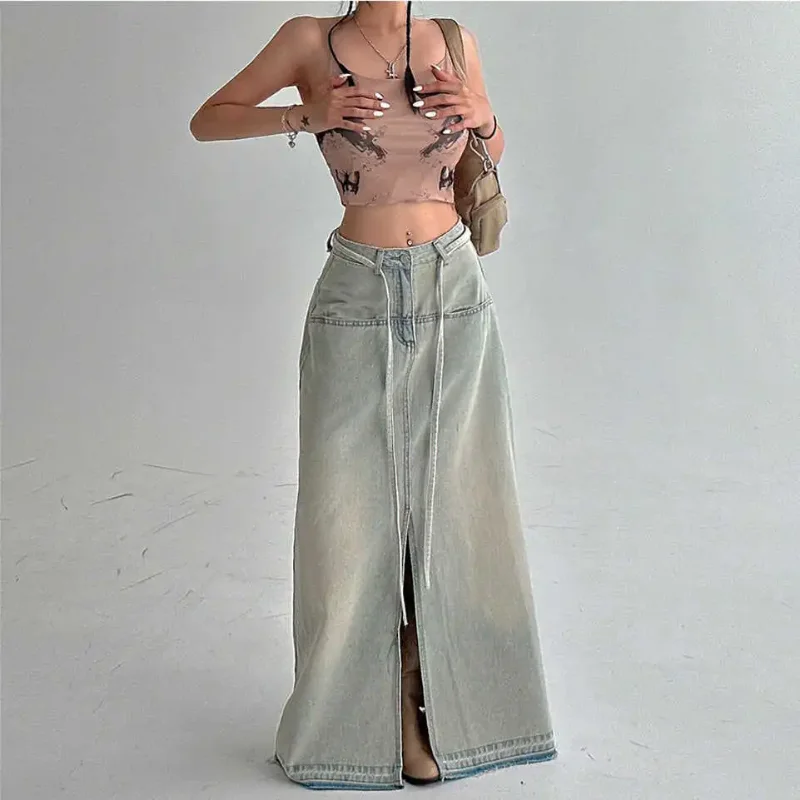 

Джинсовая юбка макси женская, светло-голубая, с завышенной талией, разрезом сбоку, на шнурке, свободного кроя, повседневная, в уличном стиле