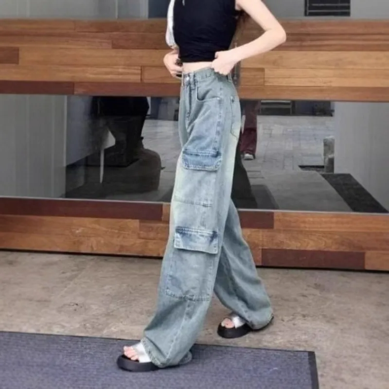 Vintage High Street Overalls Women's Multi-pocket Wasteland Wind Large Size Lazy Loose Mopping Jeans
