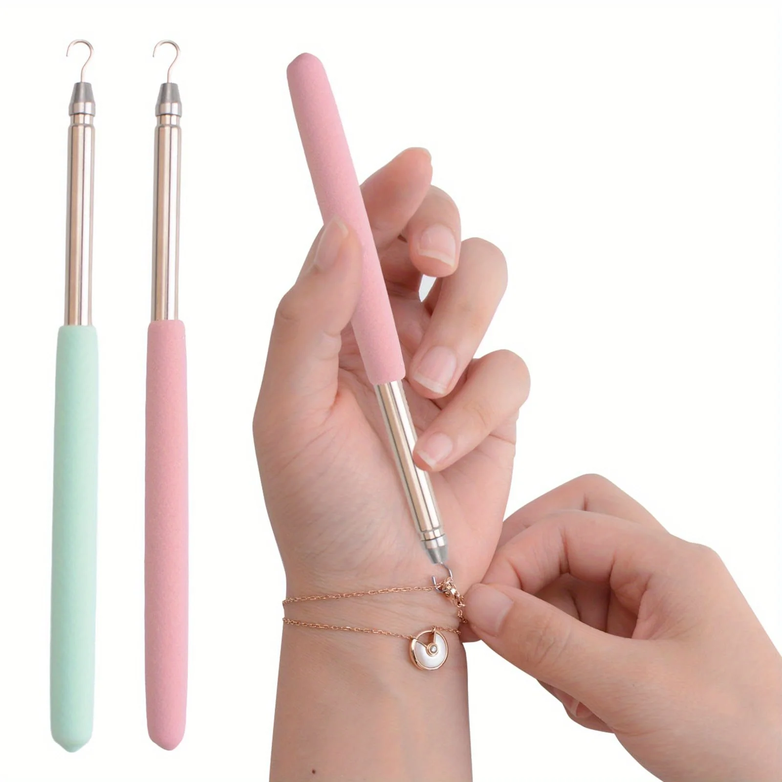 

3pcs Ergonomic Pink & Mint Green Bracelet Assistant with Heart Charm, Durable Metal Clasping Aid for Necklaces
