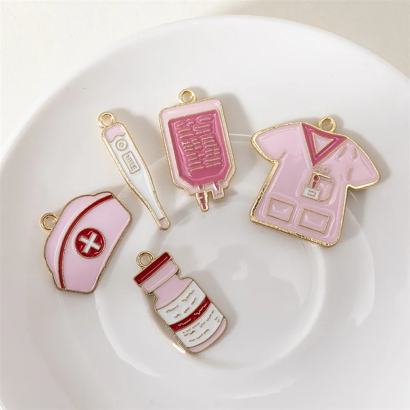 5pcs/Lot Nurse Hat Stethoscope Thermometer Needle Charms Colorul Enamel DIY Charms for Bag Jewelry Handmade Pendant Accessories