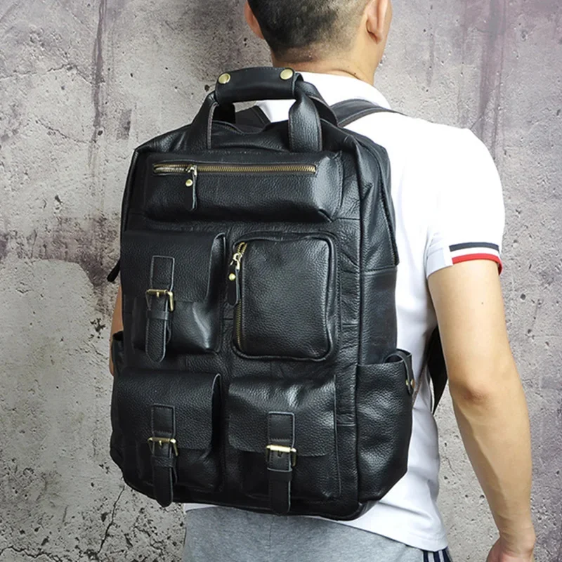 Men Backpack Genuine Leather Computer Book Bag Travel Large Capacity Real Cowhid School Retro Male Laptop Knapsack Rucksack