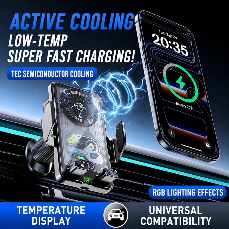 15W TEC Cooler Wireless Car Charger Auto Clamp Phone Mount Fast Charging with Temp Display for iPhone Samsung Car Air Vent