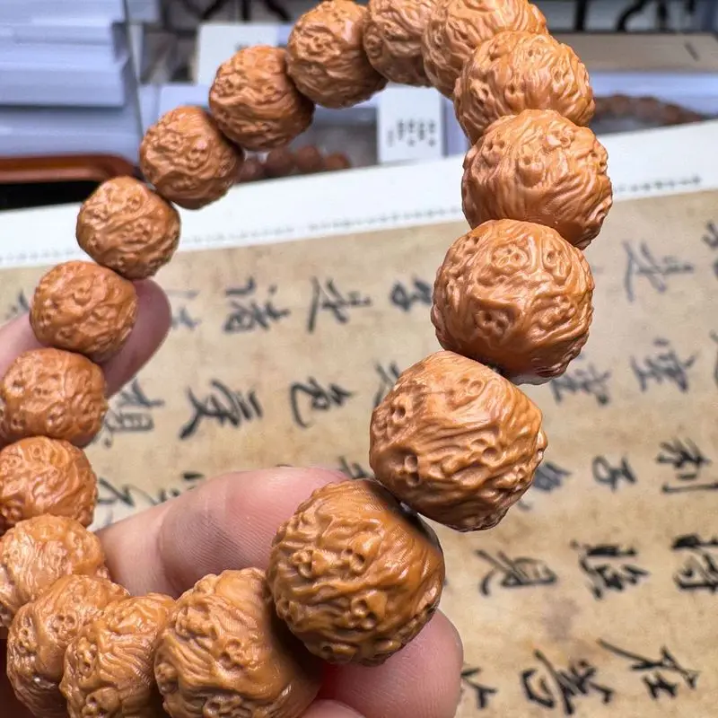 Carved Monkey Walnut Bracelet, Jingbaleng Pi Tao Magic Bead, Single Strand 14Mm