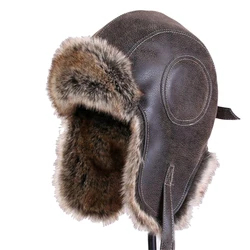 Czapka zimowa Mężczyźni Kobiety Pilot Aviator Bomber Trapper Hat Faux Fur Leather Snow Cap With Ear Flaps Windproof Warm Lei Feng Hat