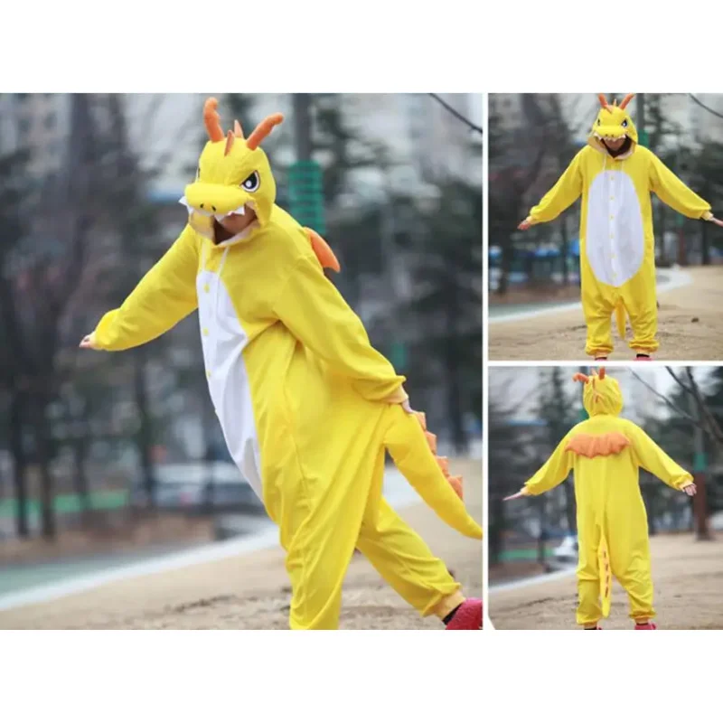 大人のためのonesieアニマルパジャマ、青と黄色のドラゴン恐竜、コスプレコスチューム