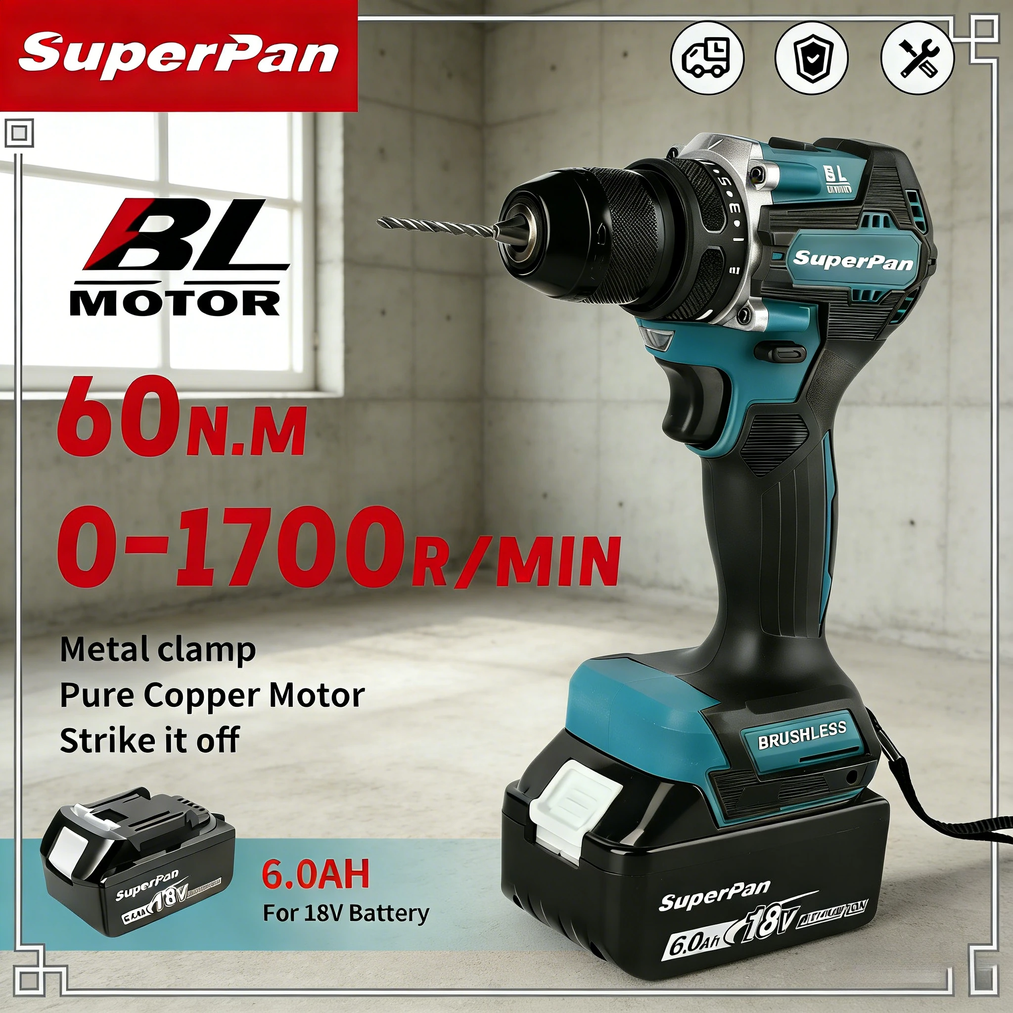 

Беспроводная дрель 0-1700 об/мин с реверсивным переключателем, SuperPan SP487 для DIY-проектов и закручивания шурупов, совместима с аккумулятором Makita 18В.