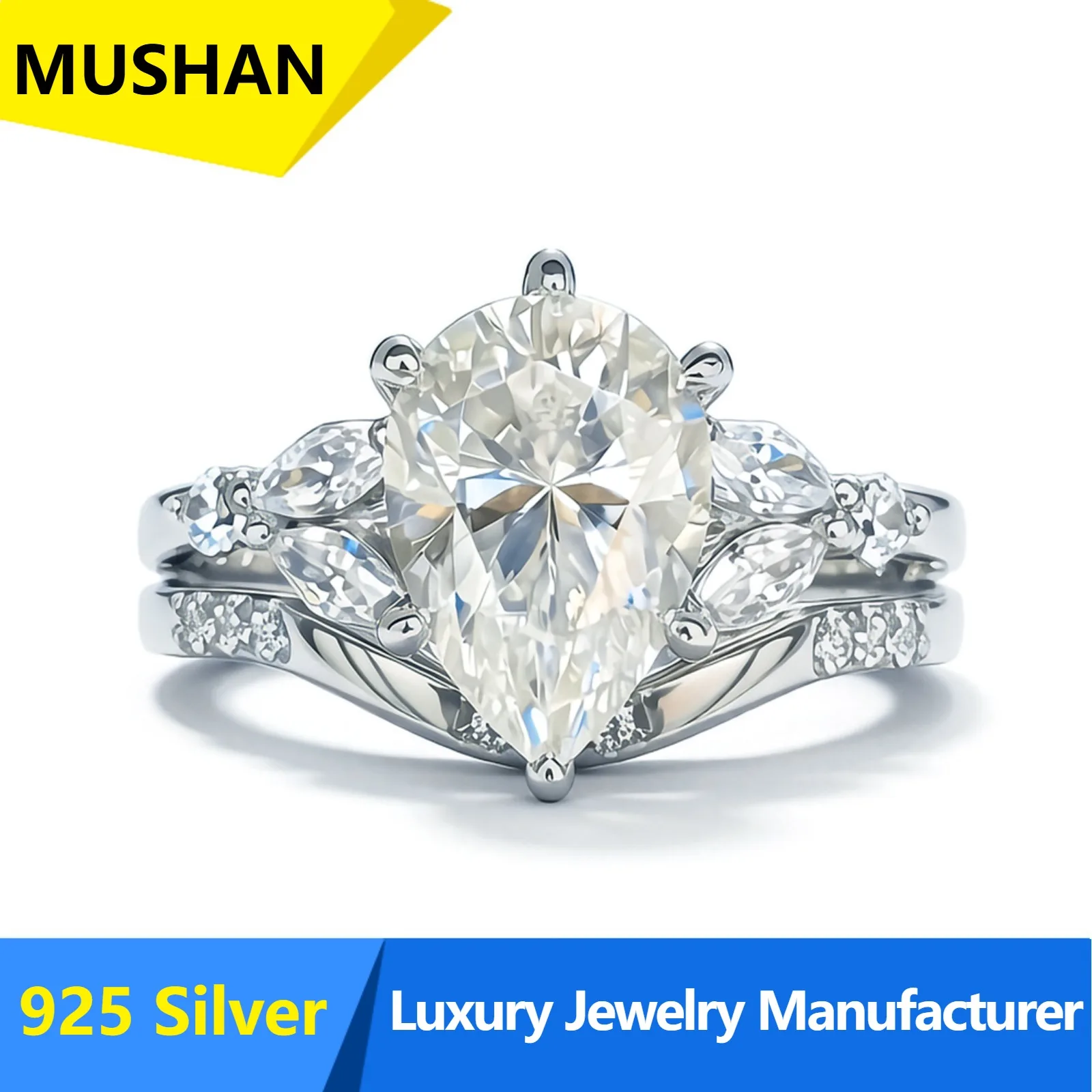 MUSHAN Luxury 925 Sterling Silver Jewelry Factory Pear-shaped 2-carat mozzarella diamond pair banquet ring two-piece jewelry