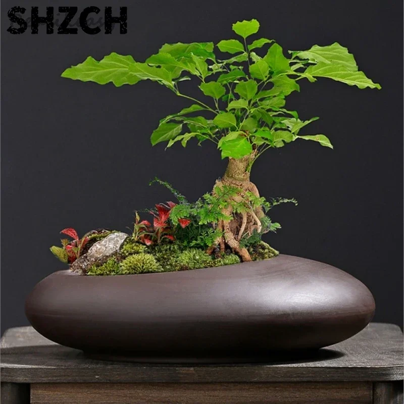 Retro Purple Clay Plant Flower Pot Chinese Style Flower Pot Breathable Vase Home Desktop Decor Ornament Garden Flower Pot ZG30