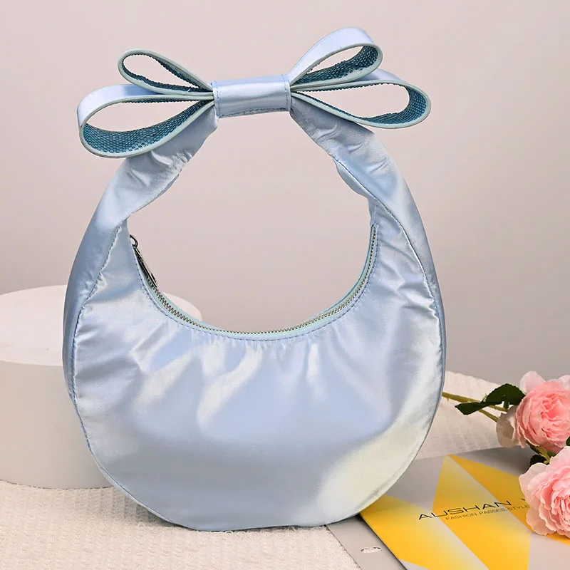 Half Moon Satin Shoulder Bag Luxury Rhinestone Bow Women Handbag New Silk Crescent Bags for Women Evening Wedding Clutch Purses