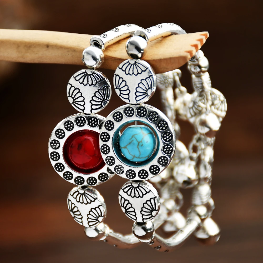 Bohemian Natural Turquoise Alloy Elastic Bracelet Women’s Fashionable Versatile Personalized Jewelry