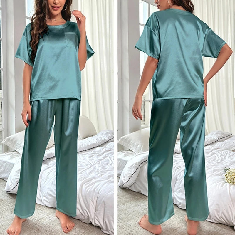 Womens Satins Silky Pajamas Set Short Sleeve Shirt with Long Pajamas Pant Set Soft PJ Loungewear S-XXL