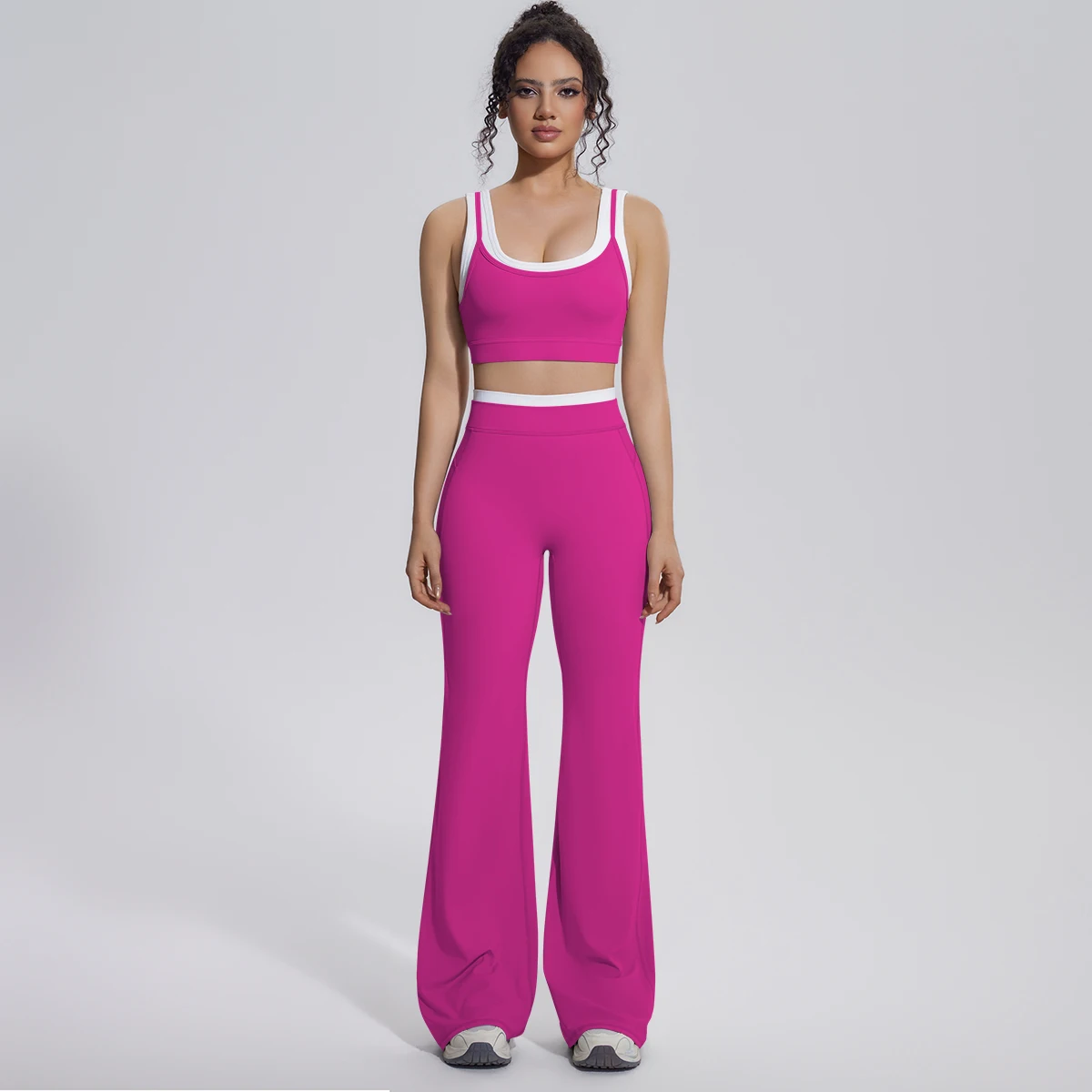 Neues Farbblock-Set mit Schönem Rücken-Yoga-BH und Weiten Hosen für Sommer, Fitness, Laufen und Workout, Hochelastisches, Lockeres Schlaghosen-Oberteil – Detail 15