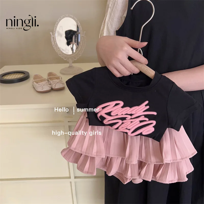 

2024Summer New Short Sleeve Princess Dress Two-Piece Set Girl's Cake Skirt Short Sleeve Printing Suit