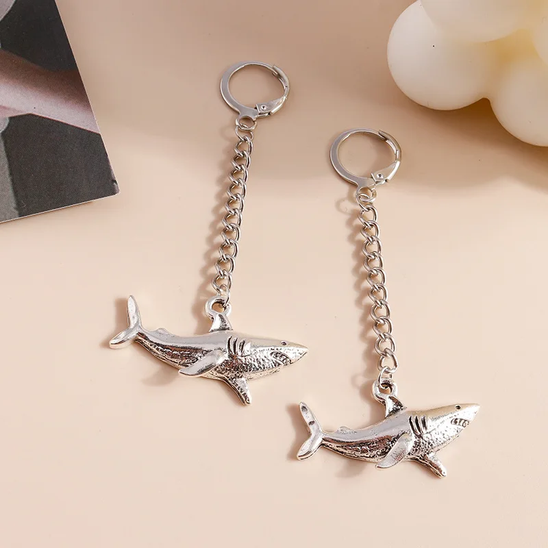 2 Pcs Fashion Creative Shark Animal Trendy Personality Silver Color Dangle Earrings Women Party Daily Gift Jewelry