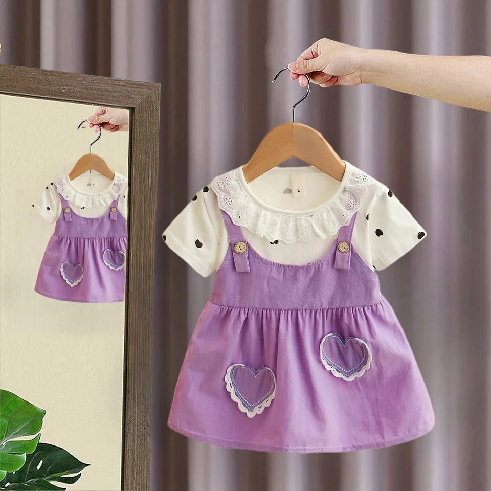 Girl Kid's Dress Summer Two Heart-Shaped Printed Casual Girls' Dress Sweet Baby Girl Clothes