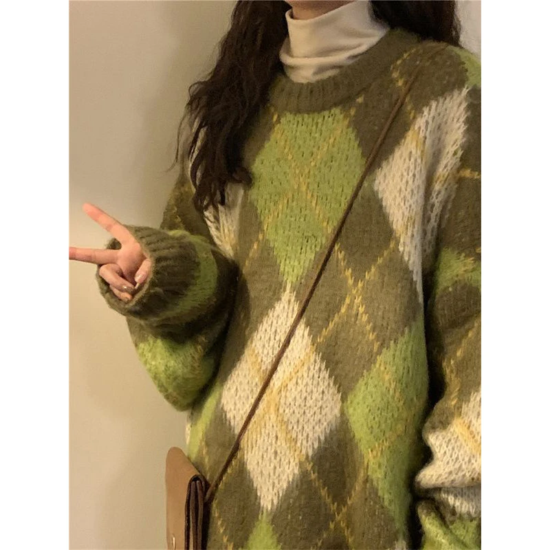 Lazy Style Retro Print Grid Soft Sticky Thick Sweater Women Round Neck Student Autumn Winter Korean Loose Patchwork Knit Tops